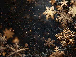 Wall Mural - Black background with gold snowflakes and a tree. The snowflakes are shiny and glittery, giving the image a festive and celebratory mood