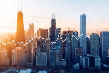 Poster - aerial view of a vibrant city skyline with modern high rise buildings overlaid with upward trending 