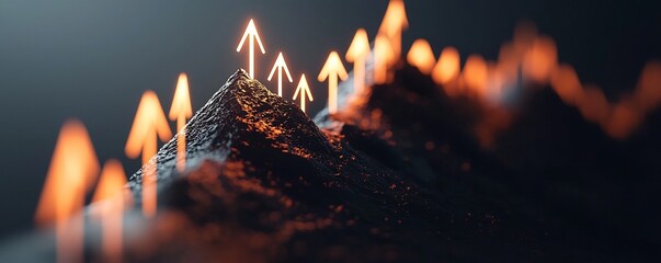 Poster - Glowing arrows climbing up a mountainous landscape representing the concept of investment growth and financial success  This abstract image symbolizes the journey of progress challenge