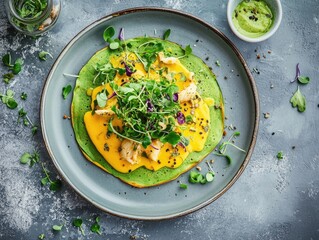 Poster - Plate of food with a green sauce and a green leafy vegetable on top. The plate is on a grey surface