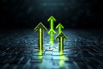 Poster - Glowing Digital Chart with Green Arrows Representing Continuous Investment Growth   Financial Analytics Dashboard Showing Positive Trend and Successful Business Strategy