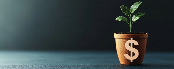Poster - Thriving green plant growing in a pot shaped like a dollar sign symbolizing financial growth stability and prosperity  This image represents the concept of successful investment savings