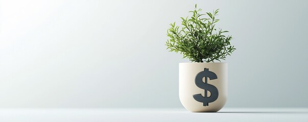 Poster - Potted green plant growing in a container shaped like a dollar sign symbolizing the concept of financial growth stability and prosperity  The visual metaphor suggests themes of successful investment