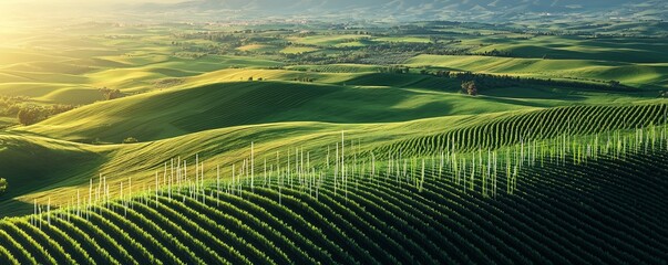 Poster - Verdant green fields and rolling hills with embedded financial charts graphs and data visualizations depicting growth success and economic prosperity