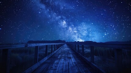 Wall Mural - wooden bridge with a starry sky above it. the sky is filled with stars and the bridge is illuminated