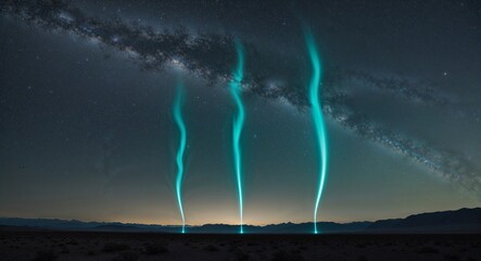 Wall Mural - setting off synchronized teal cometlike trails that sweep across the vast night sky