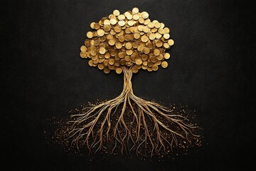 Poster - Flourishing golden roots and branches forming a tree with leaves made of shimmering coins symbolizing financial stability growth and abundance