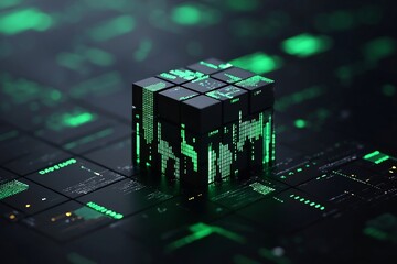 Poster - Sleek abstract cube formed by interlocking data analytics charts and graphs with a stable green upward trend representing financial growth business progress and digital technology visualization