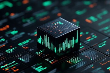 Poster - Abstract cube shaped data visualization displaying upward trending charts and graphs with green highlights representing financial analytics business progress and digital technology concepts