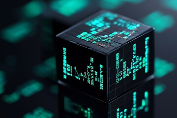 Poster - abstract data cube with green highlights showing stable upward trends in digital analytics financial