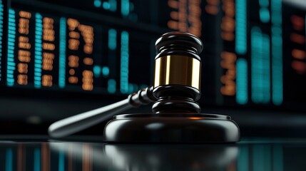 Poster - gavel with market tickers in the background representing the legal decisions and regulations that im