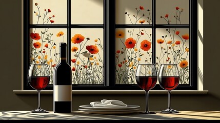 Wall Mural - Red Wine Still Life with Floral Window Display