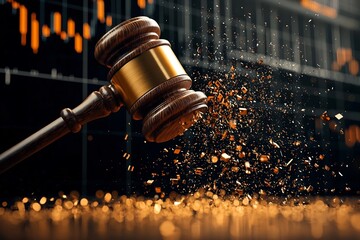Poster - Dynamic of a gavel breaking through a market chart symbolizing the disruptive impact and consequences of financial crises economic changes and legal decisions on the market and business landscape