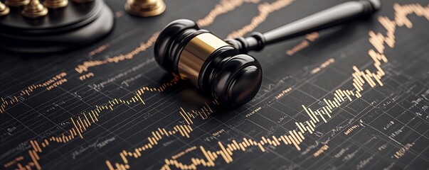 Poster - detailed of a financial courtroom setting featuring interlocked gavels and market symbols representi