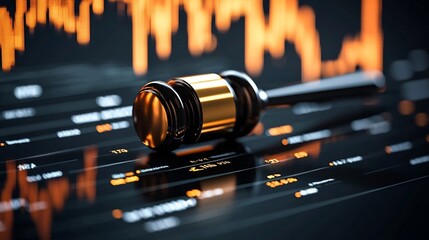 Poster - Digital gavel displayed on a virtual screen with data financial symbols and other visual elements floating around it