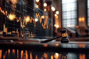 Poster - Gavel and Courthouse Steps Overlaid with Financial Graphs and Market Icons Representing the Intersection of Law Policy and the Financial Sector