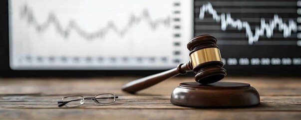 Poster - Wooden gavel resting on a desk or table with a market chart or financial graph displayed in the background symbolizing financial decision making legal proceedings and investment analysis