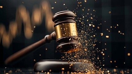 Poster - Oversized gavel forcefully smashing through market symbols representing the disruptive impact of regulation and government intervention on the financial industry and economy