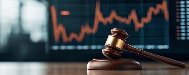 Poster - Wooden Gavel Resting on a Table with a Market Finance Chart Displayed in the Background Representing Financial Analysis and Decision Making