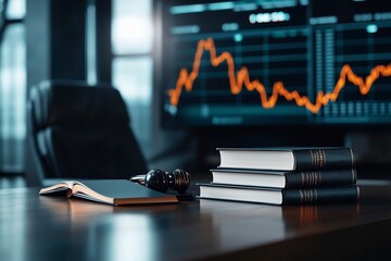 Poster - Judicial Bench with Law Books and Illuminated Market Analysis Dashboard in Professional Workspace  Concept of Legal and Financial Decision Making