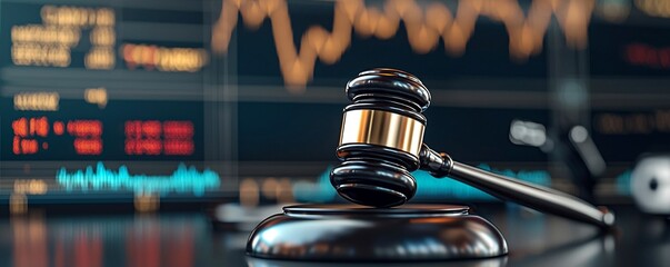 Poster - A financial courtroom scene featuring tickers and market graphs symbolizing the intersection of finance law and data driven decision making in the business world