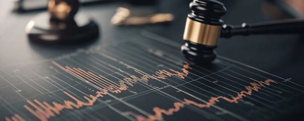 Poster - of a financial courtroom setting with tickers and market graphs on display representing legal and economic decisions investment analysis and financial regulations
