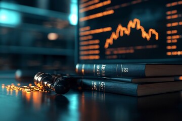 Poster - Judicial Bench with Law Books and Glowing Market Display   Corporate Decision Making and Financial Analysis in a Professional Setting