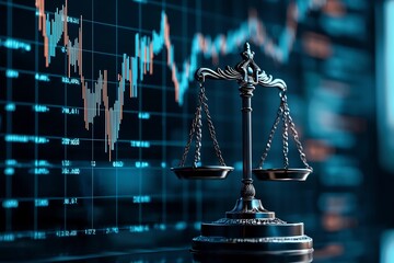 Poster - gavel and scales of justice symbolizing judicial decision making and legal processes set against a b