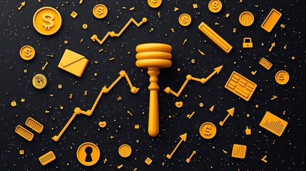 Poster - Golden Gavel Surrounded by Financial Icons Like Ascending Arrows Graphs and Symbols Representing the Concept of Legal Decisions Successful Investments and Economic Growth