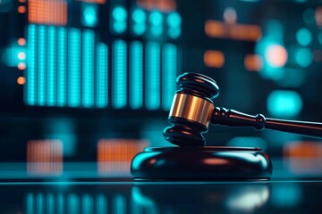 Poster - Glowing Gavel Presiding Over Dynamic Exchange Floor   Symbolizing Powerful Financial Transactions Market Deals and Judicial Decisions