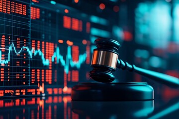 Poster - Glowing gavel set against the backdrop of a exchange floor symbolizing the authority and decision making power in financial markets regulations and legal processes involved in trade agreements