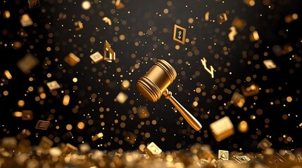 Poster - Golden Gavel Surrounded by Financial Icons and Ascending Arrows Symbolizing the Legal Process and Economic Success in Business Investment and Trade Agreements
