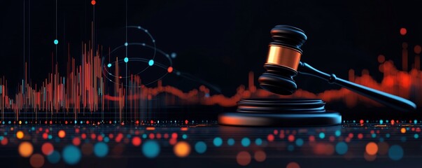 Poster - Abstract gavel on a pedestal with market symbols spiraling around it representing the financial legal and commercial aspects of the market and investment