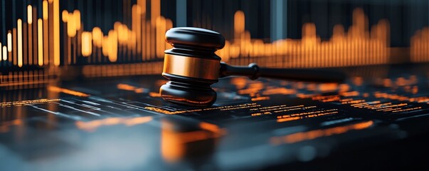 Poster - Futuristic digital courtroom setup featuring a glowing illuminated gavel against a backdrop of market charts and financial data displays symbolizing the intersection of law business and technology