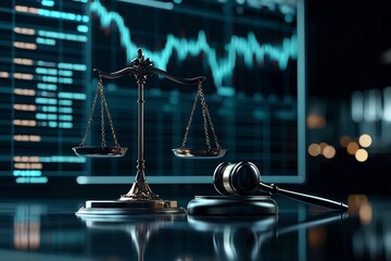 Poster - minimalist scales of justice symbol overlaid with live trading financial market data and analytics o