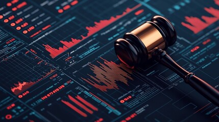 Poster - Financial documents including reports contracts and data charts along with a gavel and market symbols on a desk representing the legal and business decision making process in the financial industry
