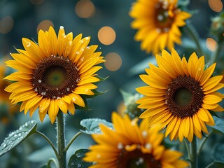 there are many yellow sunflowers with water droplets on them.