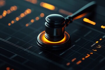 Poster - Vibrant showcasing a glowing gavel the symbol of legal authority prominently displayed at the center of a dynamic market setting representing the intersection of finance legislation