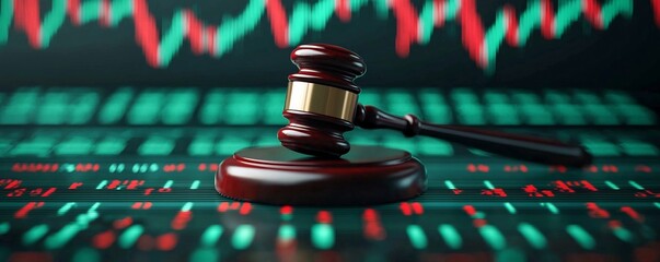 Poster - Red and Green Market Indicators Surrounding a Prominent Gavel Symbolizing Business Finance and Investment Decisions Data Analysis and Economic Trends