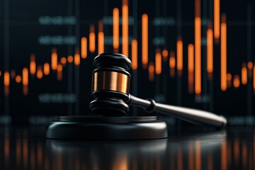 Poster - Wooden gavel resting on a backdrop of glowing digital financial charts graphs and data visualizations  Concept of financial analysis investment decision making or legal proceedings