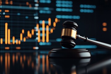Poster - Wooden gavel resting on a desk with glowing digital financial charts and graphs in the backdrop symbolizing the intersection of law finance and technology in decision making processes