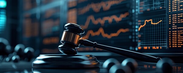Poster - Futuristic courtroom setting with holographic market data and financial indicators displayed accompanied by a traditional gavel for legal decision making