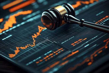 Poster - Judge s gavel placed next to a digital tablet showcasing dynamic market charts and financial data representing important legal and economic decisions
