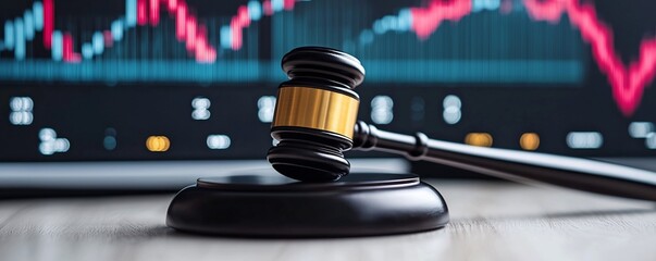 Poster - A monochrome gavel set against a backdrop of brightly colored financial trends symbolizing the intersection of law finance and economic analysis
