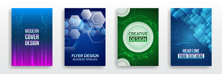 Poster - Set of high-tech covers for marketing. Modern technology design for posters. Futuristic background for flyer, brochure. Scientific cover template for presentation, banner. Page layout set for sci-fi.