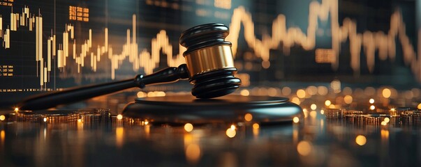 Poster - A digital that blends judicial and financial themes featuring a gavel scales of justice