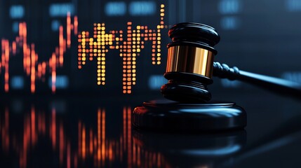 Poster - Glowing abstract gavel with data projections and visualizations representing the intersection of technology finance and the judicial process