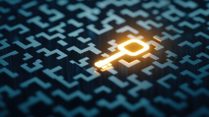 Poster - Glowing Cryptographic Key Floating in a Complex Labyrinth of Digital Patterns and Symbols