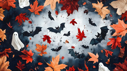 Canvas Print - whimsical autumn pattern with ghosts, bats and falling leaves for halloween celebration.