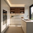 © Pixel Matrix - Modern Minimalist Kitchen Close-up shot of beige cabinets and walnut wood open shelves with LED lighting under natural light